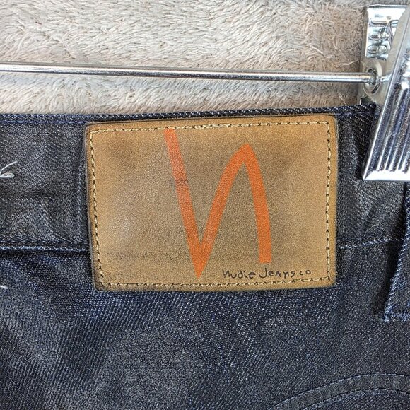 Nudie Jeans Thin Finn Jeans Mens 31x32 Black Coated Indigo Denim Italy - Picture 9 of 16